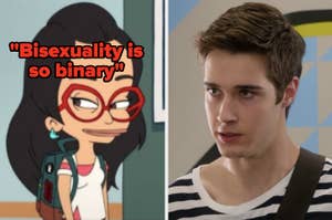 Ali from "Big Mouth": "Bisexuality is so binary" alongside Miles from "Degrassi" reaction image