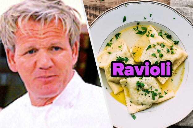 A side by side photo of Gordon Ramsay looking annoyed and a plate of ravioli