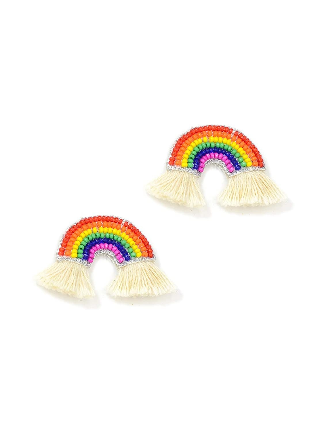 Handcrafted rainbow bead earrings with a fringe at the bottom.