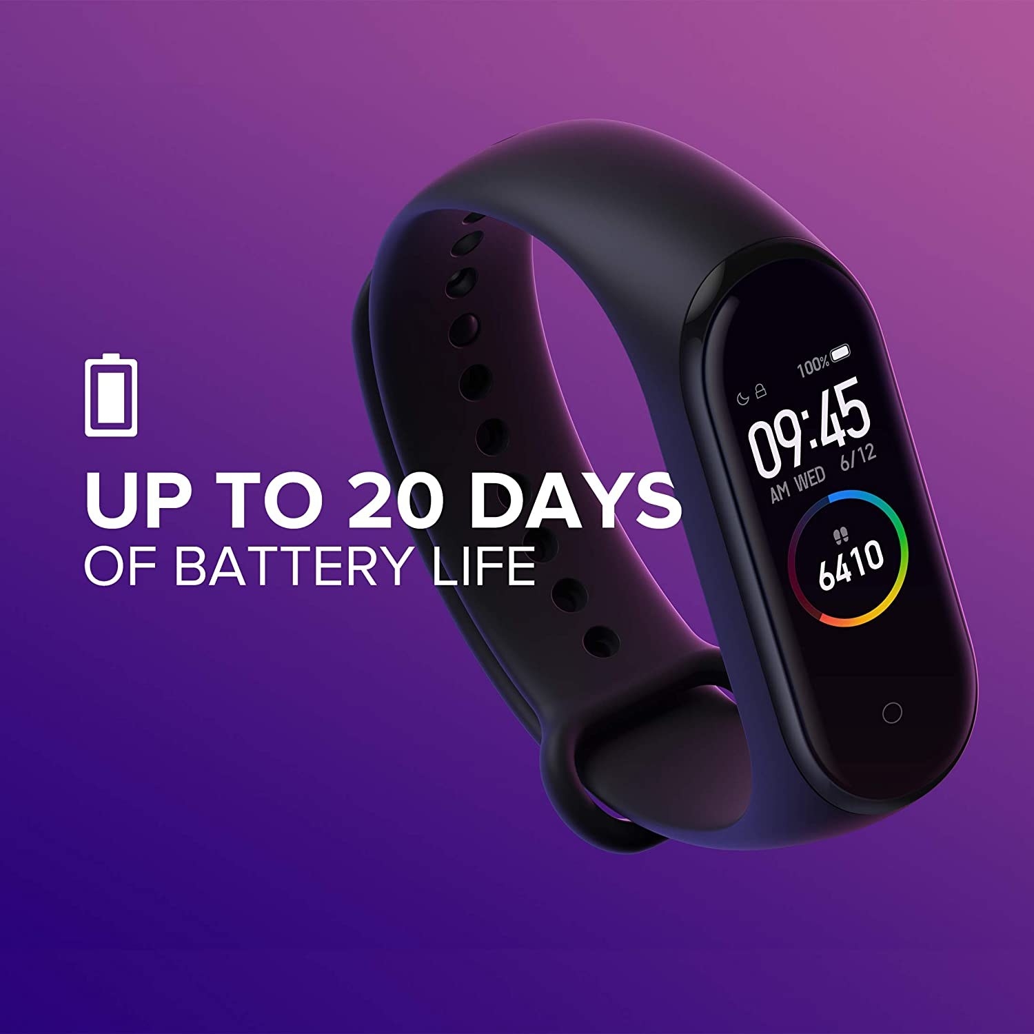 A fitness track against a purple background with a text that says it has up to 20 days of battery life 