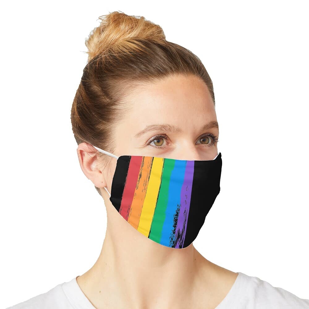 A person wearing a rainbow coloured face mask