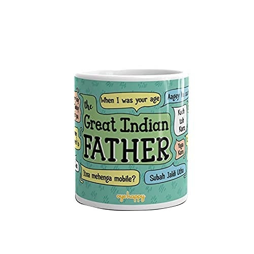 A teal mug with speech bubbles and iconic dad one-liners like &quot;Itna mehenga mobile&quot;, &quot;When I was your age&quot;, and many more.