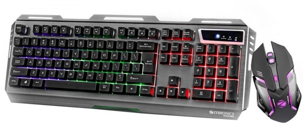 A Zebronics Zeb-Transformer Gaming Keyboard and Mouse combo with LED backlighting.