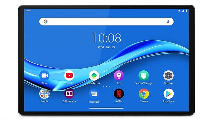 A Lenovo Tab M10 FHD Plus Tablet in platinum grey and black.