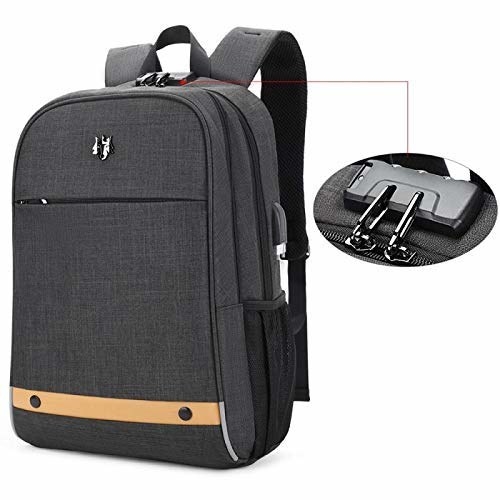 A Hoteon Backpack in dark grey with an inset showing its anti-theft locker.