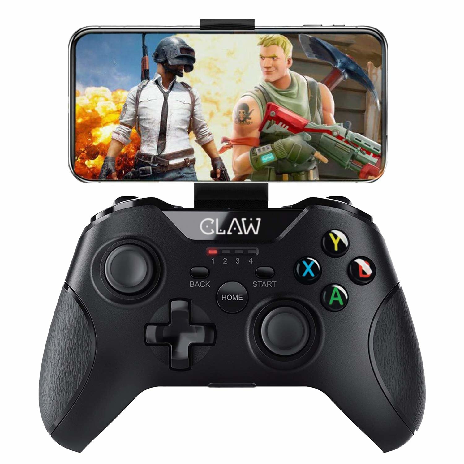 A CLAW Gamepad Controller in black with a phone attached to it.