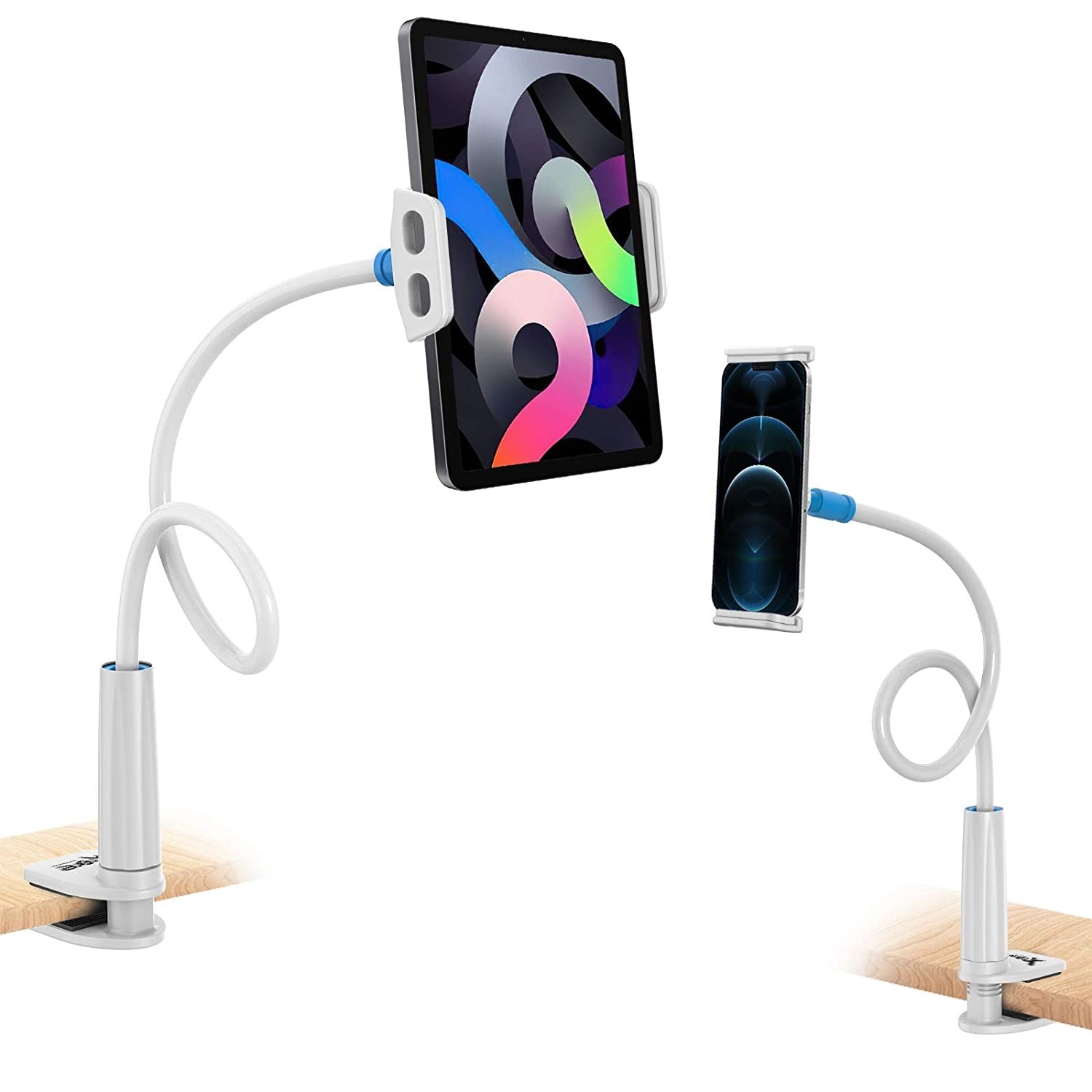 A tablet and a phone attached to two Xtore® holders in white.