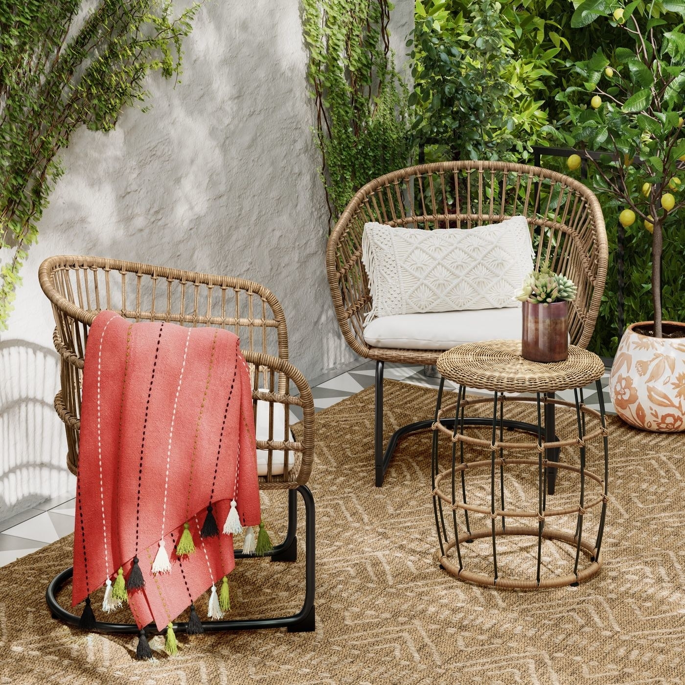 The woven conversation set on a patio