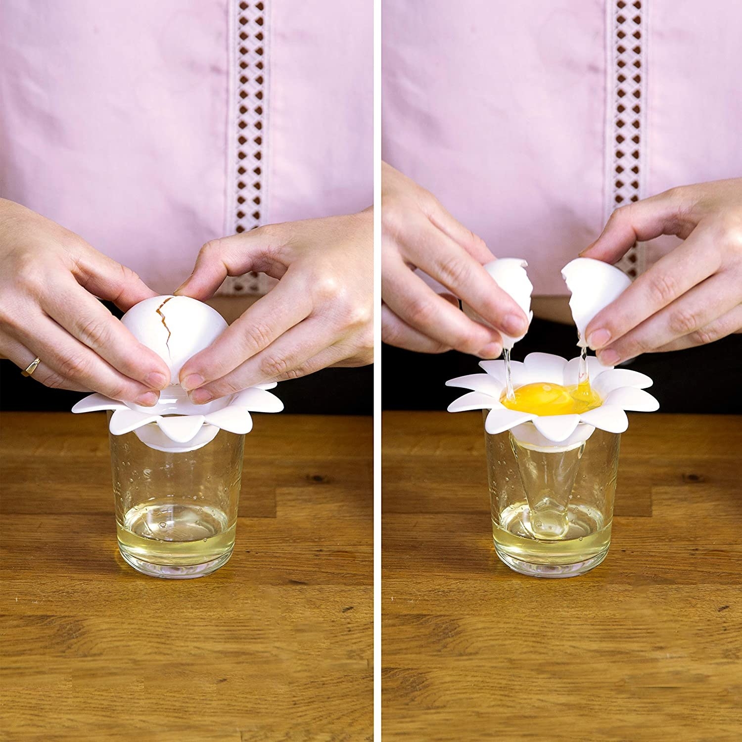 A person cracking an egg into the flower