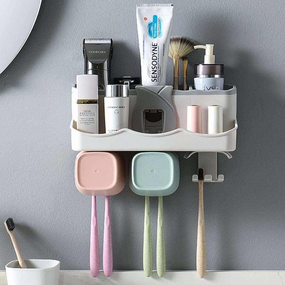 A toothbrush organiser with cosmetics, brushes and toiletries in it 