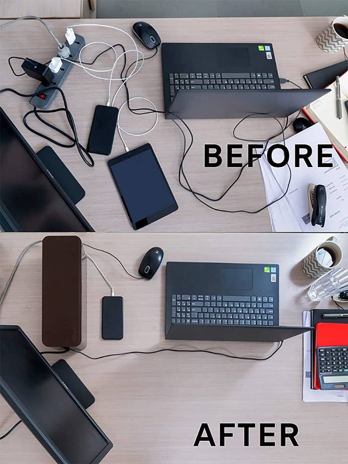 A before and after image of a cluttered desk versus a neat desk with the wire bin