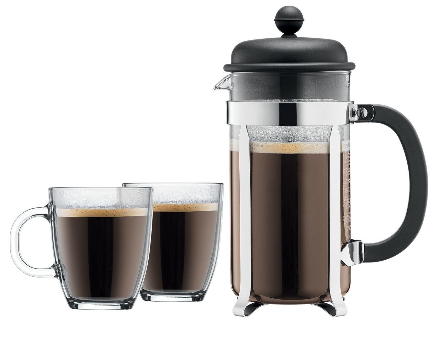 glass french press with coffee inside next to two glasses of coffee
