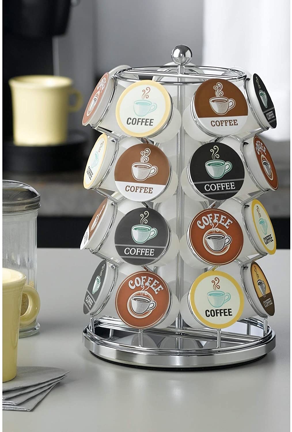 A small carousel with K-Cup pods in them