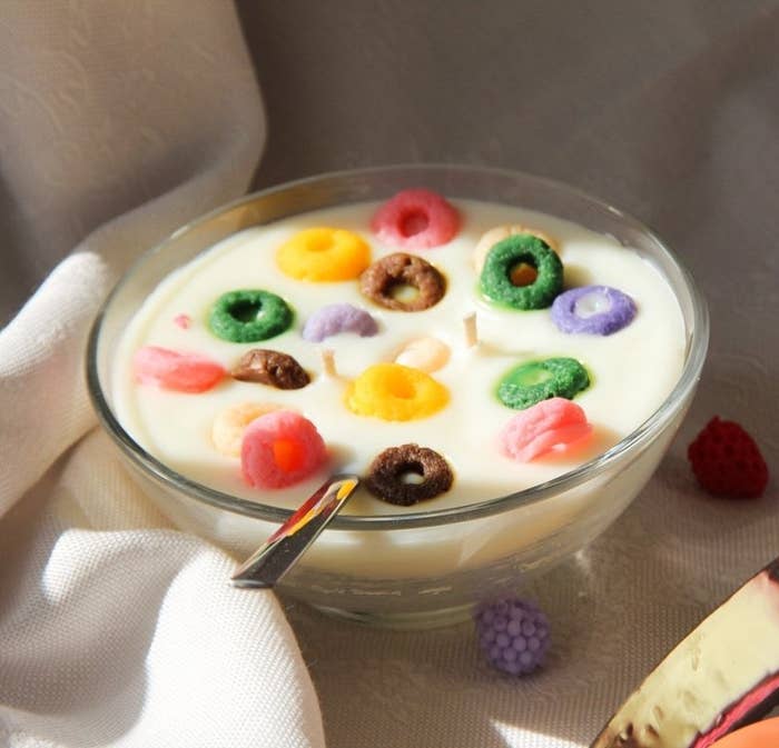 The cereal bowl candle on a tablecloth