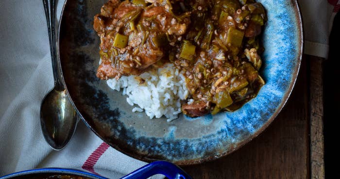 Smothered Okra with Chicken and Smoked Sausage