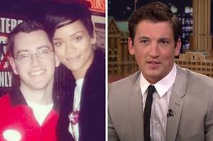 Rihanna posing with a fan; Miles Teller on "The Tonight Show starring Jimmy Fallon"