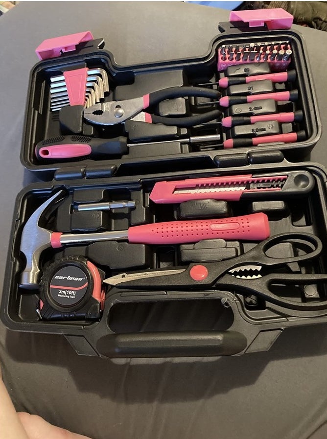 A reviewer&#x27;s pink and black tool set in a carrying case