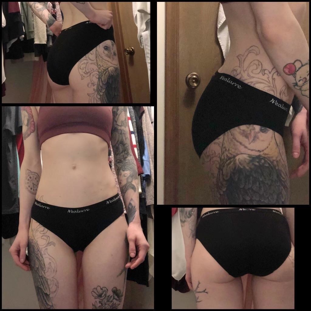 reviewer photo collage wearing the black panties in front, back, and side angles