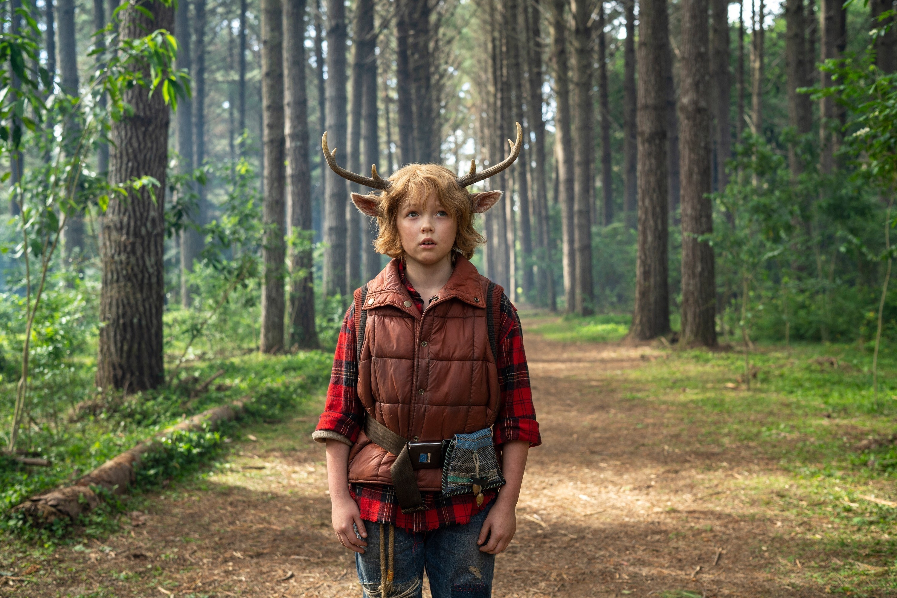 Gus wearing plaid shirt and puffy vest and a backpack, standing in the middle of the woods alone