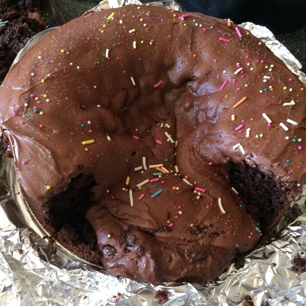 A collapsed chocolate cake