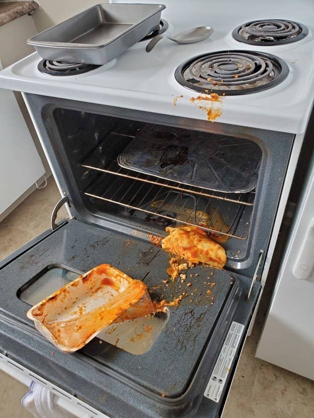 Lasagna spilled all over oven