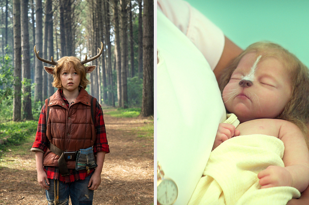 Gus wearing plaid shirt and puffy vest with backpack standing in the middle of the woods, split with a nurse holding a baby dog-human hybrid