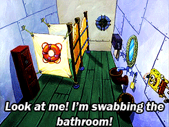Gif of Spongebob Squarepants sliding around bathroom