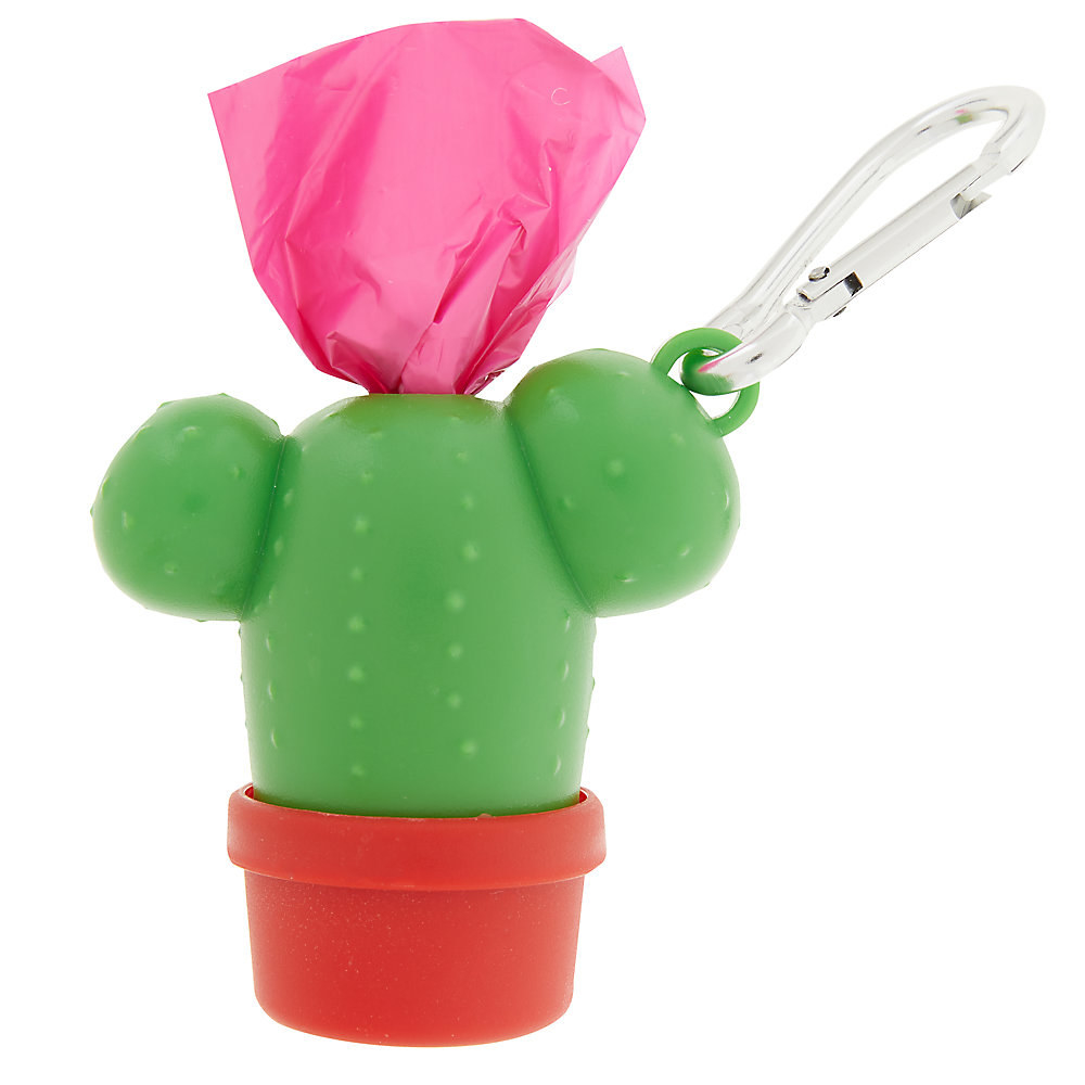 A green cactus in a red pot poop bag dispenser 