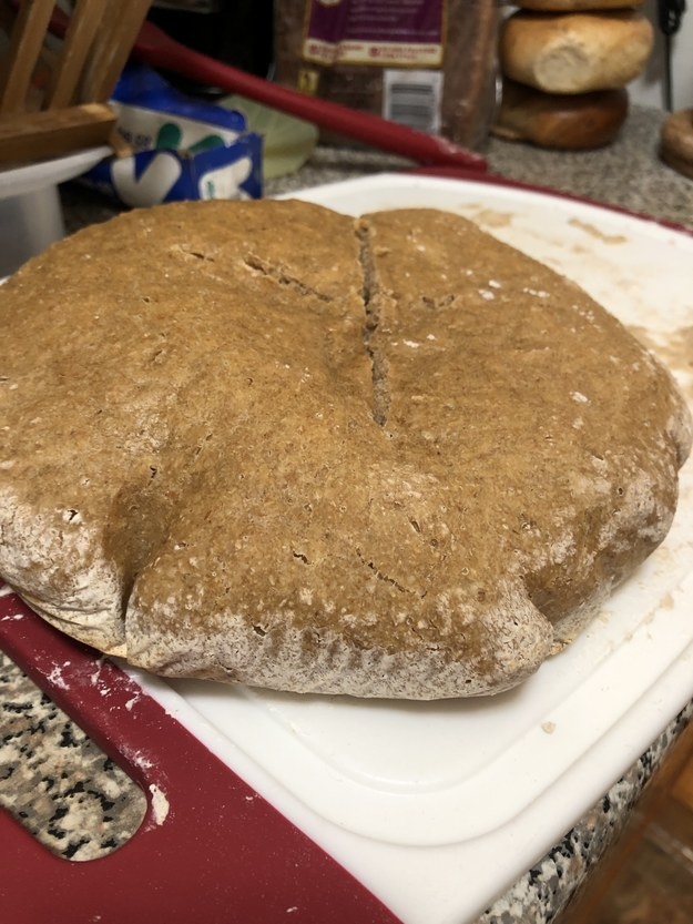 A flat mound of sourdough bread