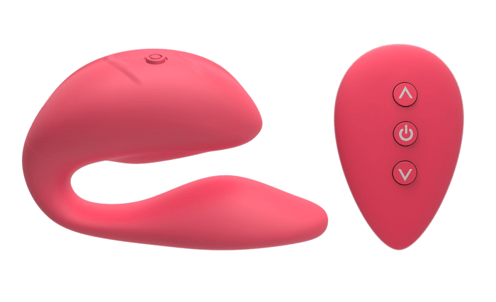 Pink dual stimulator next to pink wireless remote