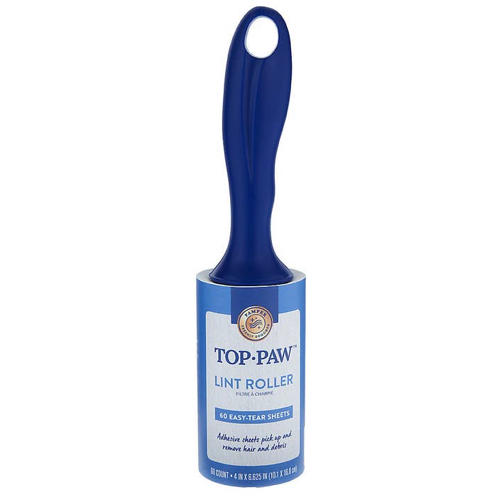A lint roller in blue packaging 