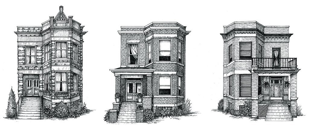 three black and white line drawings of Chicago &quot;Two-Flat&quot; apartment buildings. 