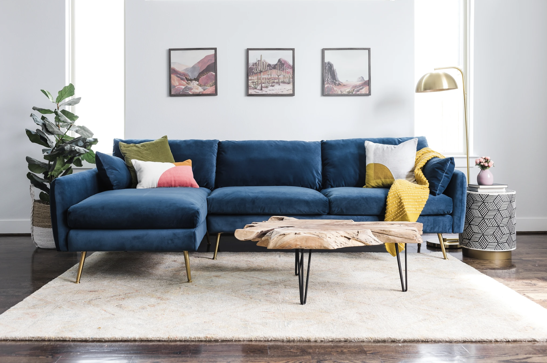 A stylish living room with a blue sectional sofa, various cushions, a unique wooden coffee table, and decorative plants. No people are visible