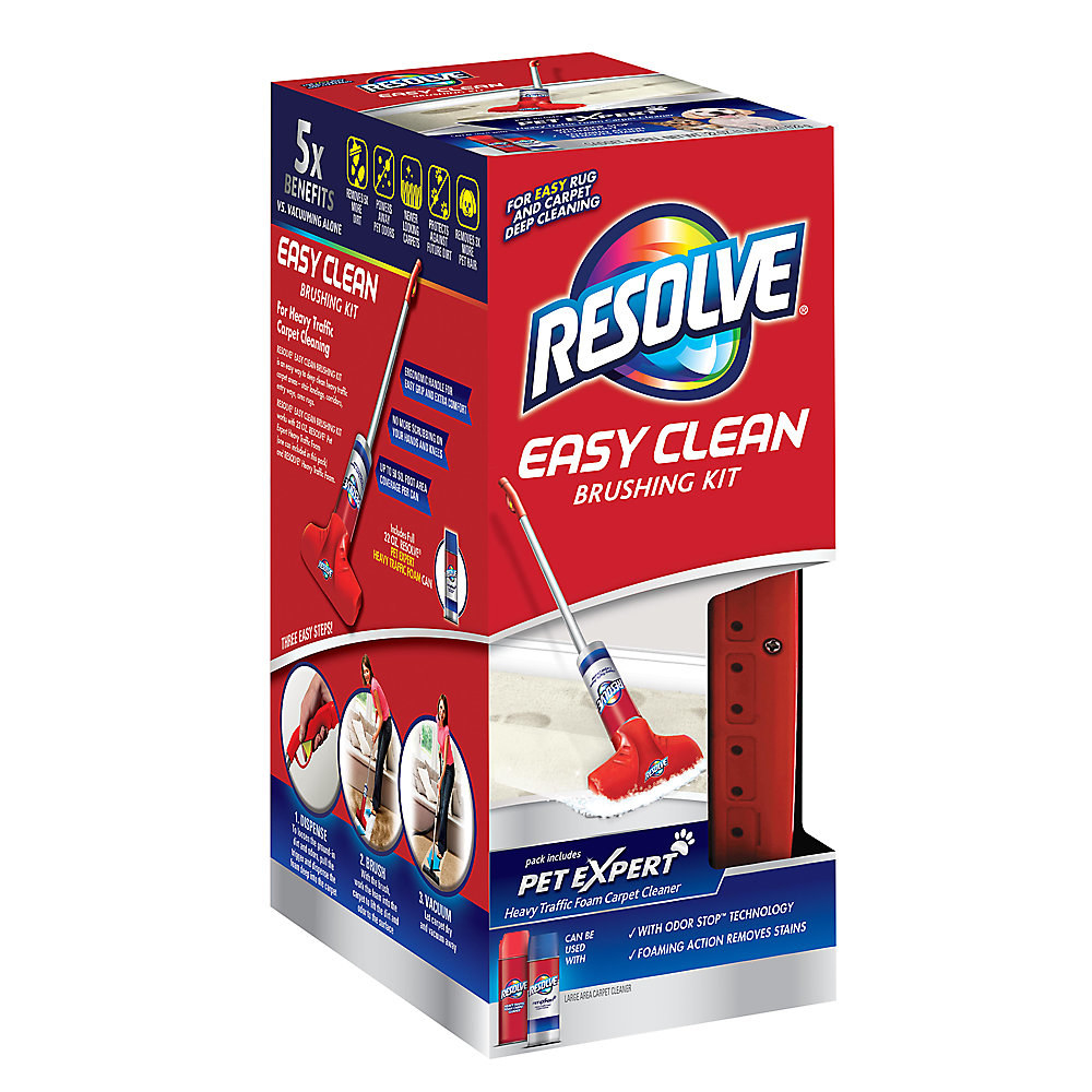 A red and blue package of carpet cleaner
