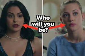 Veronica Lodge has her mouth dropped slightly open in shock and Betty Cooper arches her left eyebrow.