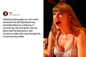 Taylor Swift laughing and a tweet saying the "old fashioned way" is the story of her song "Love Story"