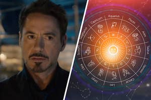 Tony Stark looks worriedly towards someone off screen and a circular zodiac sign chart with a bright sun in the middle of it.