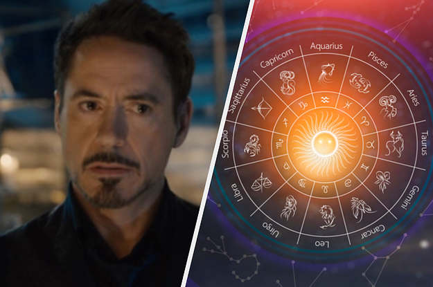 Tony Stark looks worriedly towards someone off screen and a circular zodiac sign chart with a bright sun in the middle of it.