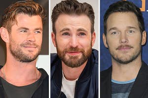 Chris Hemsworth smiles as he looks off to the side, Chris Evans gives the camera a tight lipped smile, and Chris Pratt stays blankly into the camera.