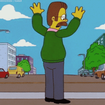 Ned Flanders from the Simpsons dancing his pants off, showing his tighty-whities