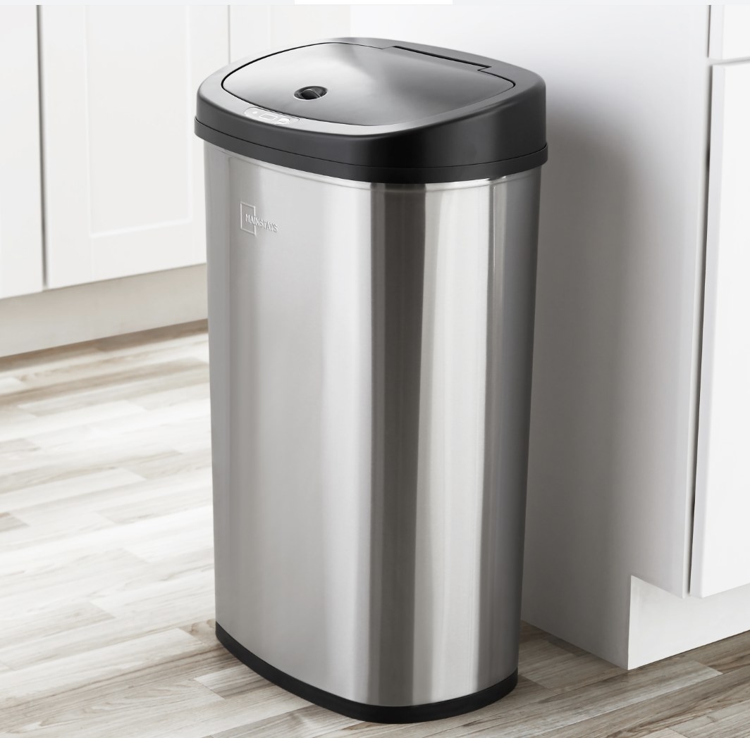 the silver trash can in a kitchen