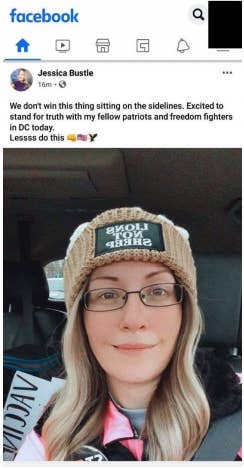 Bustle wears a hat that says "LIONS NOT SHEEP" in her Facebook post about standing "for truth with my fellow patriots and freedom fighters in DC today"
