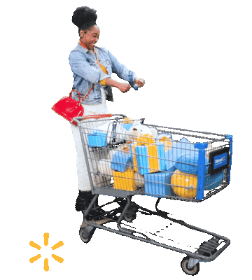 GIF of shopper standing on cart filled with shopping packages