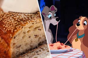 Hot bread is on the left with two dogs sharing pasta on the right