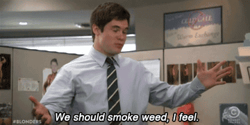 gif of actor Adam Devine in the series workaholics talking that reads we should smoke weed I feel