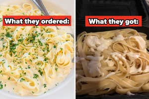 Fettuccini Alfredo from the menu vs what they actually got (noodles, very little sauce)