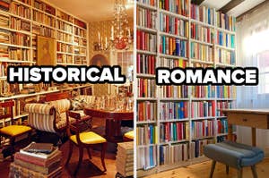 Two libraries are shown with one on the left labeled, "Historical" and on the right labeled, "Romance"