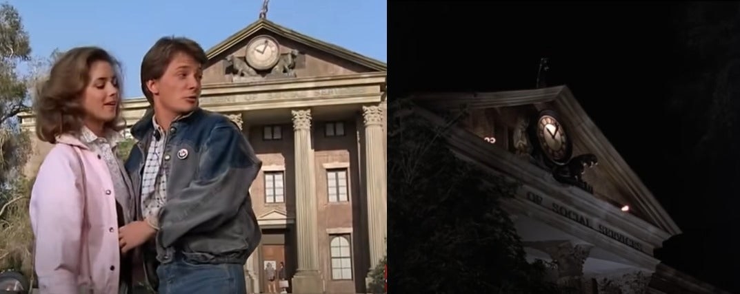An image of the intact ledge of the clock tower at the start of Back to the Future, and an image of the now broken ledge at the end of the movie.