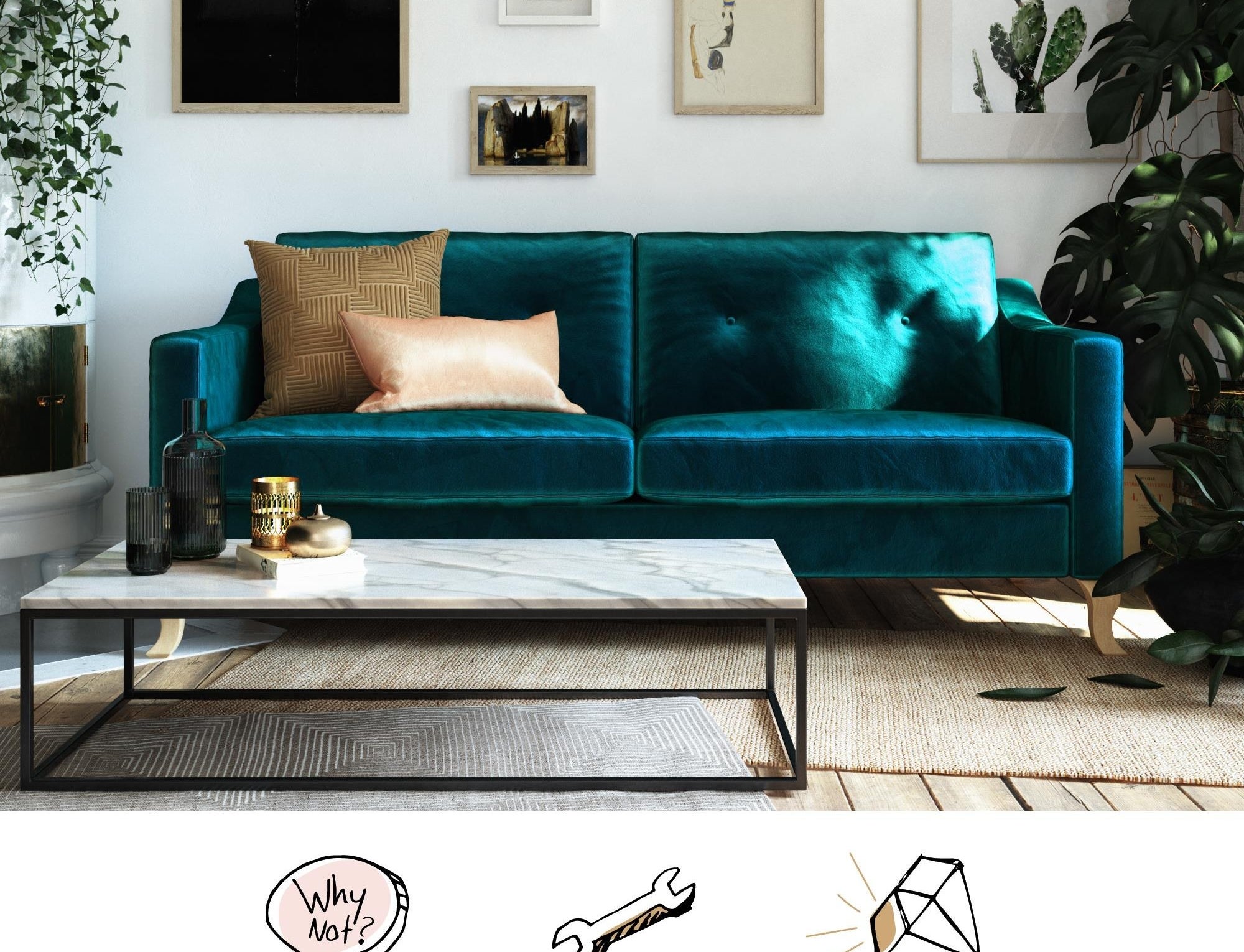 The green velvet couch with sloped arms in a living room