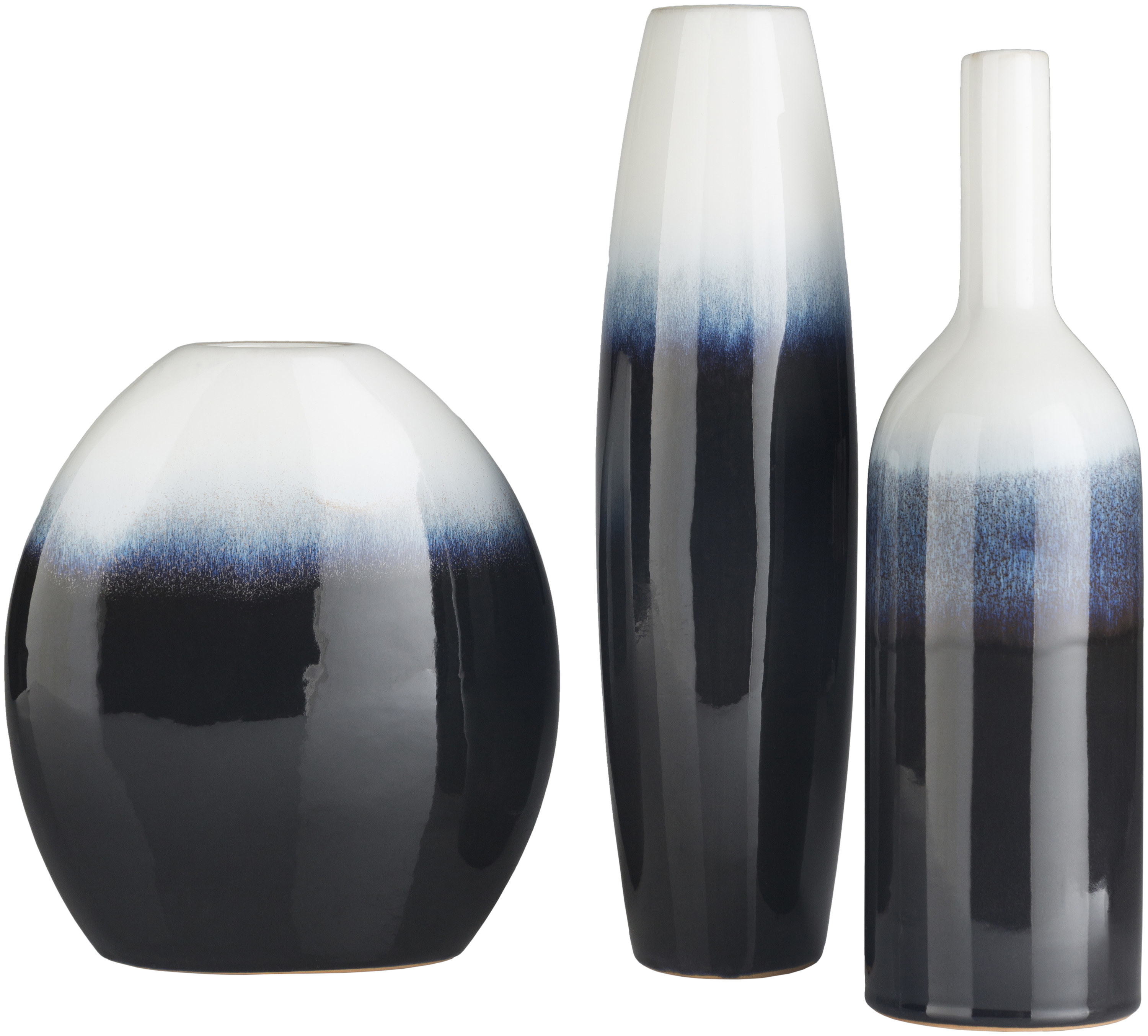three different sized vases ombre&#x27;d from white to blue to black